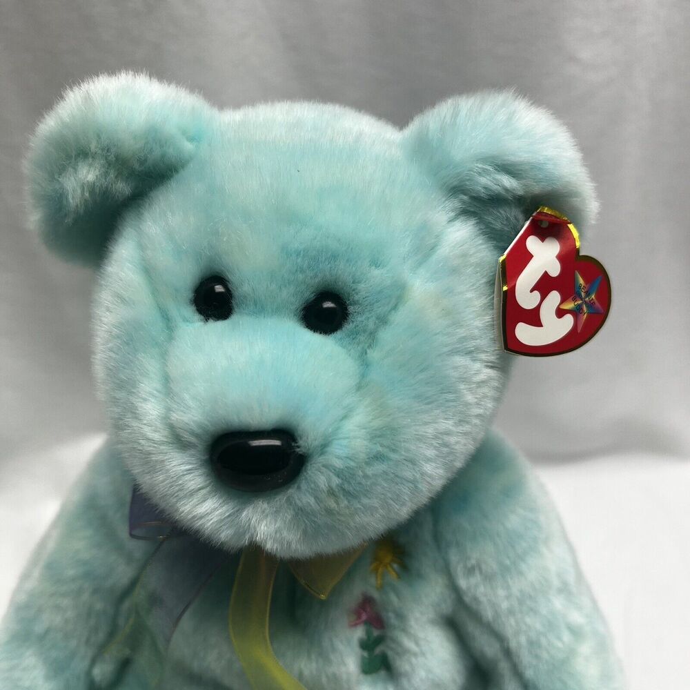 Ty Beanie Buddies 100% Ty Dye Tylon Ariel the Bear Aqua Very Soft Embroidered